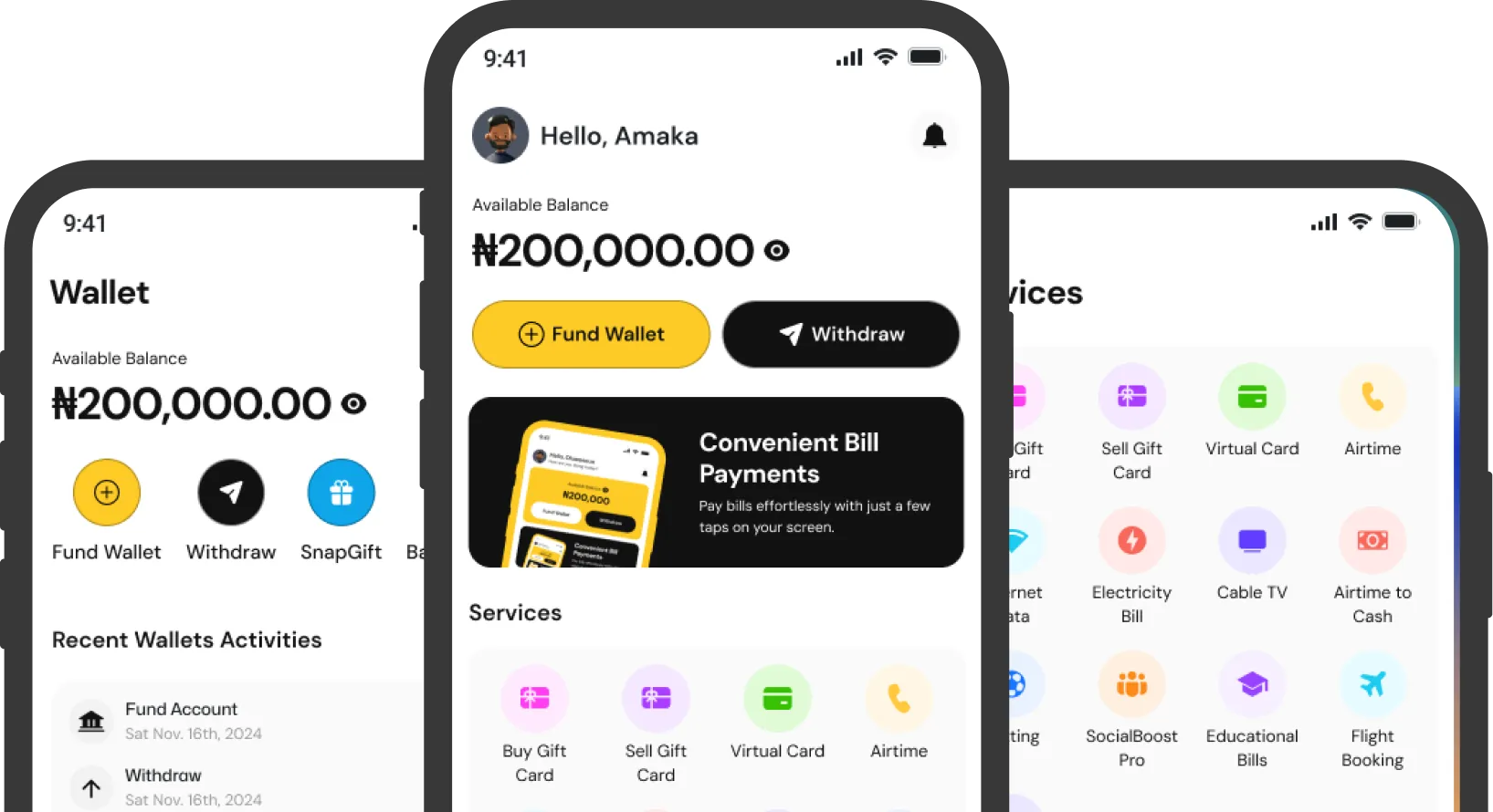 SnappyPay mobile app showing bill payments and gift cards